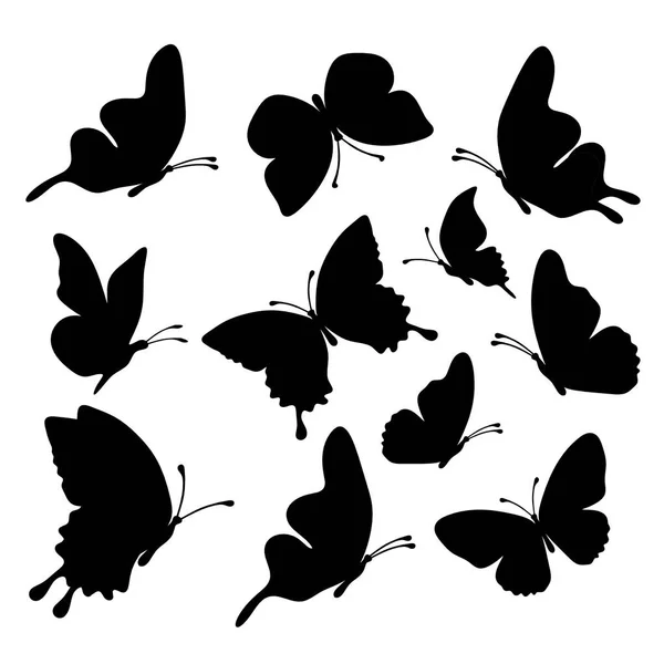 Set Silhouette Black Butterflies White Background — Vector de stock