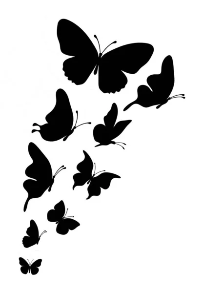 Flock Silhouette Black Butterflies White Background — Stock Vector