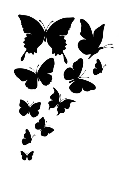 Gregge Farfalle Nere Silhouette Sfondo Bianco — Vettoriale Stock
