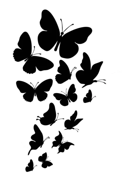 Gregge Farfalle Nere Silhouette Sfondo Bianco — Vettoriale Stock