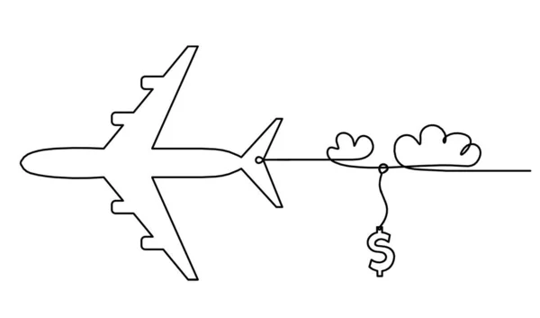 Abstraktes Flugzeug Mit Dollar Als Linienzeichnung Auf Weißem Hintergrund — Stockvektor
