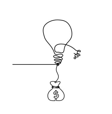 Beyaz arkaplan üzerine çizgi çizimi olarak dolar içeren soyut ampul