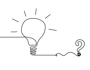 Beyaz arkaplanda çizgi çizimi olarak sorgulanan soyut ampul