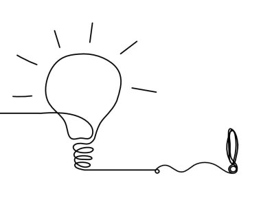 Beyaz arkaplanda çizgi çizimi olarak ünlem işaretli soyut ampul