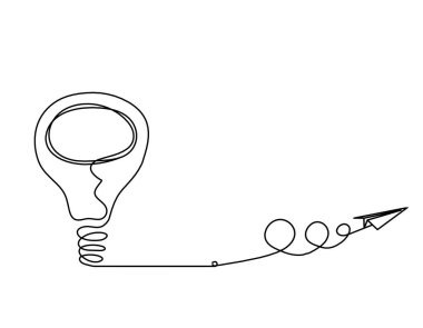 Beyaz arkaplan üzerine çizgi çizimi olarak kağıt düzlemli soyut ampul