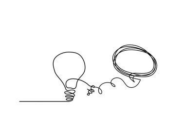 Beyaz arkaplanda çizgi çizimi olarak yorumlu soyut ampul