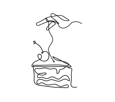 Beyaz arkaplana çizgiler çizerek kek ve elin soyut huzuru
