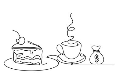 Beyaz arkaplanda sürekli çizgiler çizerek kek ve doların soyut huzuru