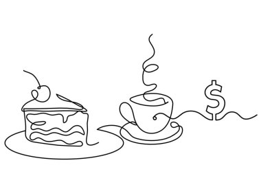 Beyaz arkaplanda sürekli çizgiler çizerek kek ve doların soyut huzuru