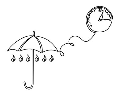 Beyaz arkaplan üzerinde çizgi çizimi olarak saat olan soyut şemsiye