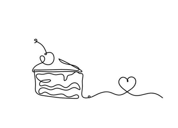 蛋糕与心的宁静是以白色背景为背景的连续线条 — 图库矢量图片
