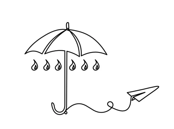 Abstrakter Regenschirm Mit Papierflieger Als Linienzeichnung Auf Weißem Hintergrund — Stockvektor