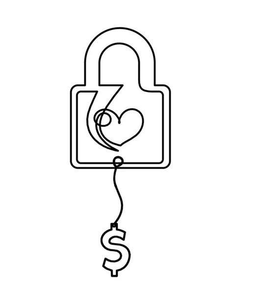 Abstract Heart Lock Dollar Continuous Line Drawing White Background — Stock Vector