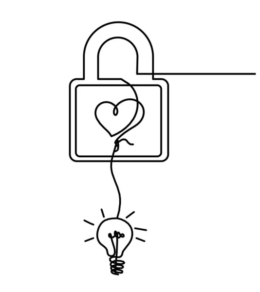Abstract Heart Lock Light Bulb Continuous Line Drawing White Background — Stock Vector