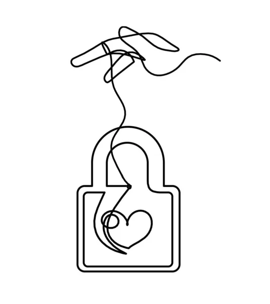 Abstract Heart Lock Hand Continuous Line Drawing White Background — Stock Vector