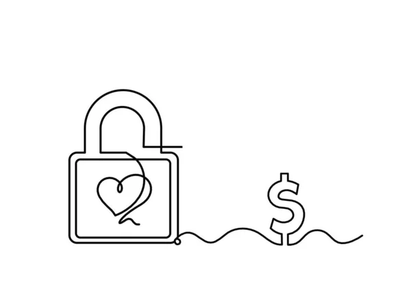 Abstract Heart Lock Dollar Continuous Line Drawing White Background — Stock Vector