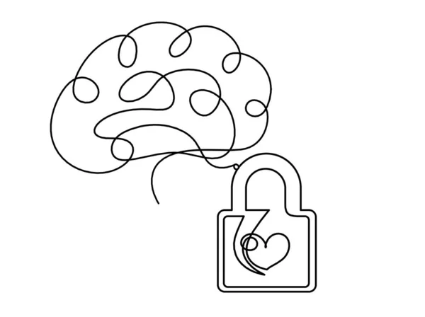 Abstract Heart Lock Brain Continuous Line Drawing White Background — Stock Vector