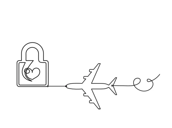 Abstract Heart Lock Plane Continuous Line Drawing White Background — Stock Vector