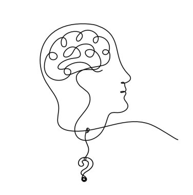İnsan silueti beyni ve soru işareti beyaz arkaplan üzerine çizgi çizimi