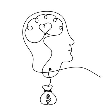 İnsan silueti beyin ve dolar beyaz arkaplan üzerine çizgi çizmek gibi