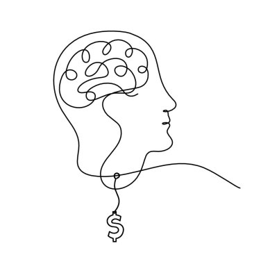 İnsan silueti beyin ve dolar beyaz arkaplan üzerine çizgi çizmek gibi