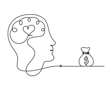 İnsan silueti beyin ve dolar beyaz arkaplan üzerine çizgi çizmek gibi