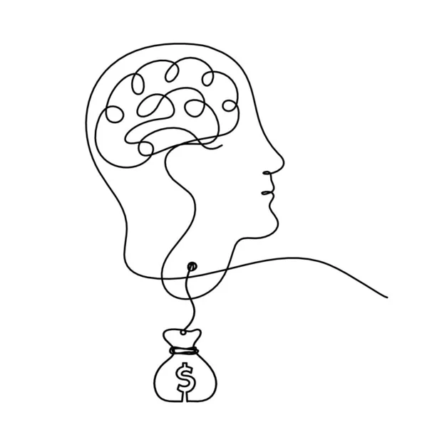 Mensch Silhouette Gehirn Und Dollar Als Linienzeichnung Auf Weißem Hintergrund — Stockvektor