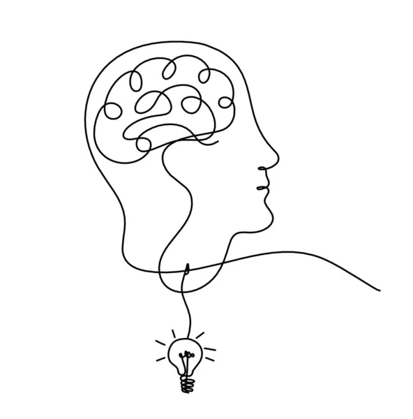 Man Silhouette Brain Light Bulb Line Drawing White Background — Stock Vector