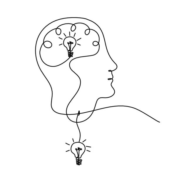 Άνθρωπος Σιλουέτα Εγκεφάλου Και Λαμπτήρα Γραμμή Σχέδιο Λευκό Φόντο — Διανυσματικό Αρχείο