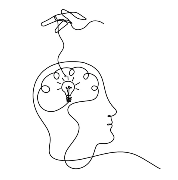 Mann Silhouette Gehirn Und Hand Als Linienzeichnung Auf Weißem Hintergrund — Stockvektor