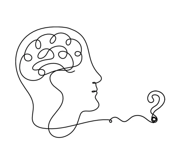 男シルエット脳と白の背景に線画として疑問符 — ストックベクタ