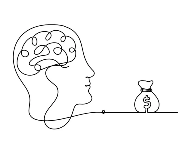 Mensch Silhouette Gehirn Und Dollar Als Linienzeichnung Auf Weißem Hintergrund — Stockvektor