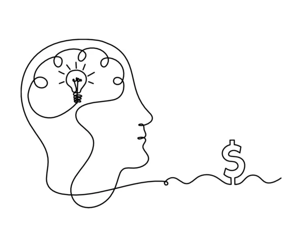 Man Silhouette Brain Dollar Line Drawing White Background — Stock Vector