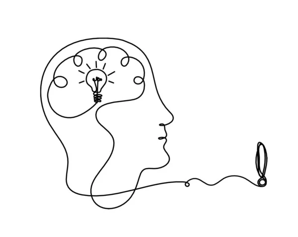 Mensch Silhouette Gehirn Und Ausrufezeichen Als Linienzeichnung Auf Weißem Hintergrund — Stockvektor