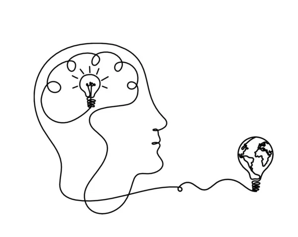白地に線画として男シルエットの脳と電球 — ストックベクタ