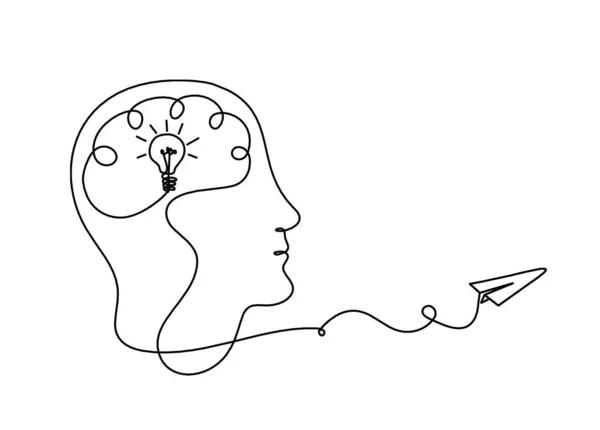 Mensch Silhouette Gehirn Und Papierflieger Als Linienzeichnung Auf Weißem Hintergrund — Stockvektor