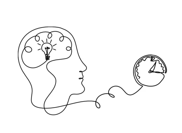 白い背景に線画として男シルエット脳と時計 — ストックベクタ