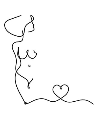 Kadın silueti, kalbi beyaz üzerine çizgi gibi çizen bir vücut.