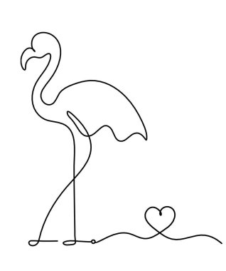 Soyut flamingo silueti ve beyaz üzerine çizgi çizen kalp.