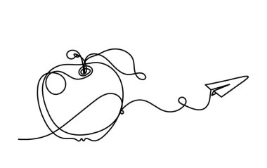 Beyaz arka planda kağıt uçakla çizilmiş elma çizimi