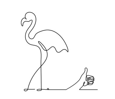 Soyut flamingo silueti ve beyaz üzerine çizgi çizen el.