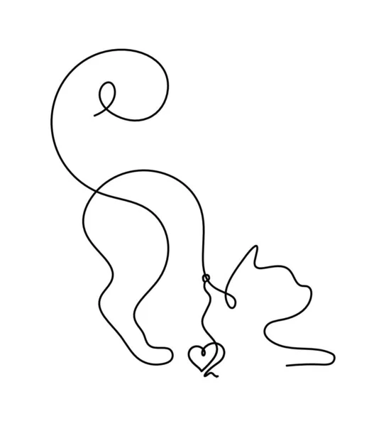 Silhueta Gato Abstrato Com Coração Linha Que Desenha Branco —  Vetores de Stock
