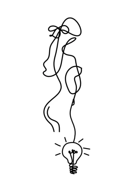 Frau Silhouette Körper Mit Glühbirne Als Linienzeichnung Bild Auf Weiß — Stockvektor