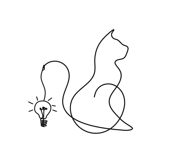 Silhouette Einer Abstrakten Katze Mit Glühbirne Linienzeichnung Auf Weiß — Stockvektor