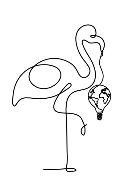 Silhuett Abstrakt Flamingo Och Glödlampa Som Linje Ritning Vit — Stock vektor