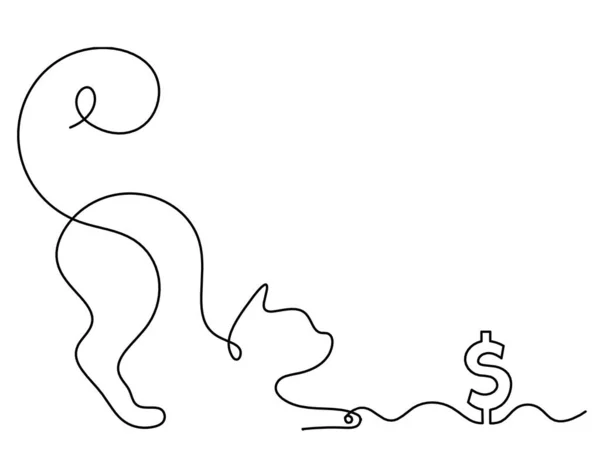 Silueta Abstraktní Kočky Dolarem Liniové Kresbě Bílém — Stockový vektor