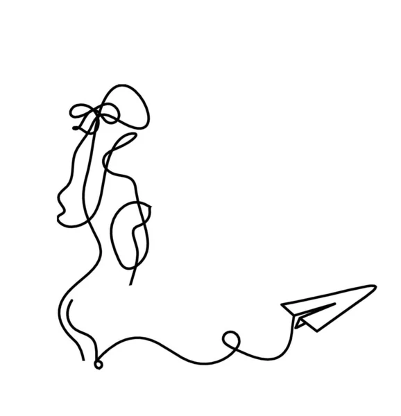 Frau Silhouette Körper Mit Papierflugzeug Als Linienzeichnung Bild Auf Weiß — Stockvektor