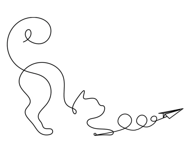 Silueta Pisicii Abstracte Plan Hârtie Linie Desenând Alb — Vector de stoc