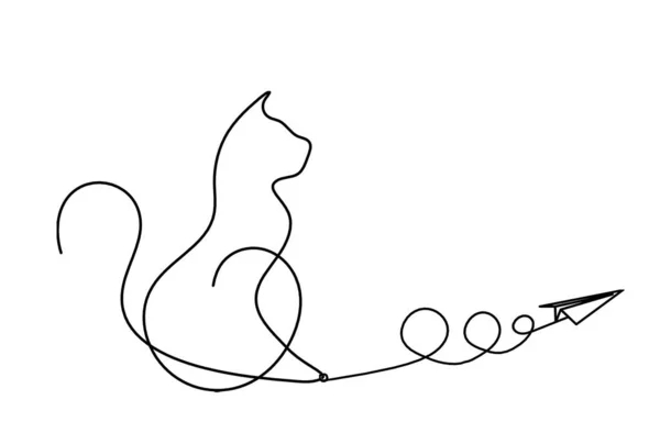 Silhuett Abstrakt Katt Med Papper Plan Linje Ritning Vitt — Stock vektor