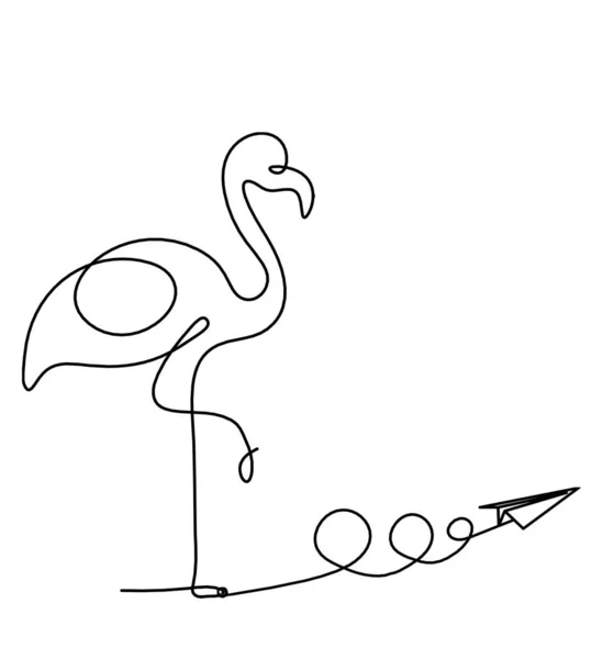 Silhuett Abstrakt Flamingo Och Papper Plan Som Linje Ritning Vitt — Stock vektor